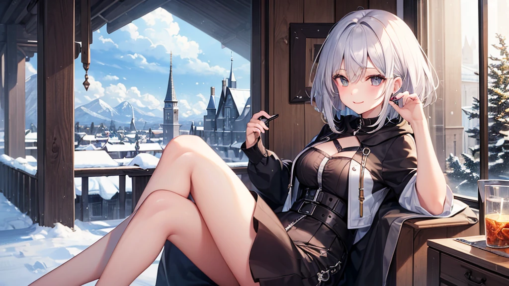 super high quality, girl, 20-year-old, Very shorthair, long bangs between the eyes, very detailed,(masterpiece、highest quality)、alone、gray hair、laughter、White skin as clear as snow、white hoodie,black skirt、 silver hair, gray eyes, Fantasy landscapes,a castle yard、sit on a chair