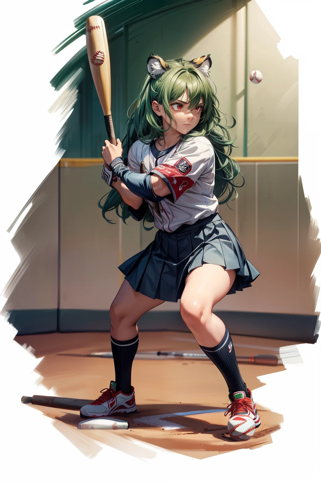 (masterpiece), (best quality), high resolution, ultra detail, photorealistic, 8K, intricate face, detailed body, detailed face,
BREAK
1 girl, Beautiful girl, large breasts, narrow waist, athletic body, (long wavy hair, green hair, big red eyes, tiger ears, tiger tail),
BREAK
female baseball player, school girl, school sailor uniform, white shirt, pleated skirt, ((waiting hit the ball with a baseball bat:1.4)), batter, batting, holding baseball bat, serious, baseball Ground,