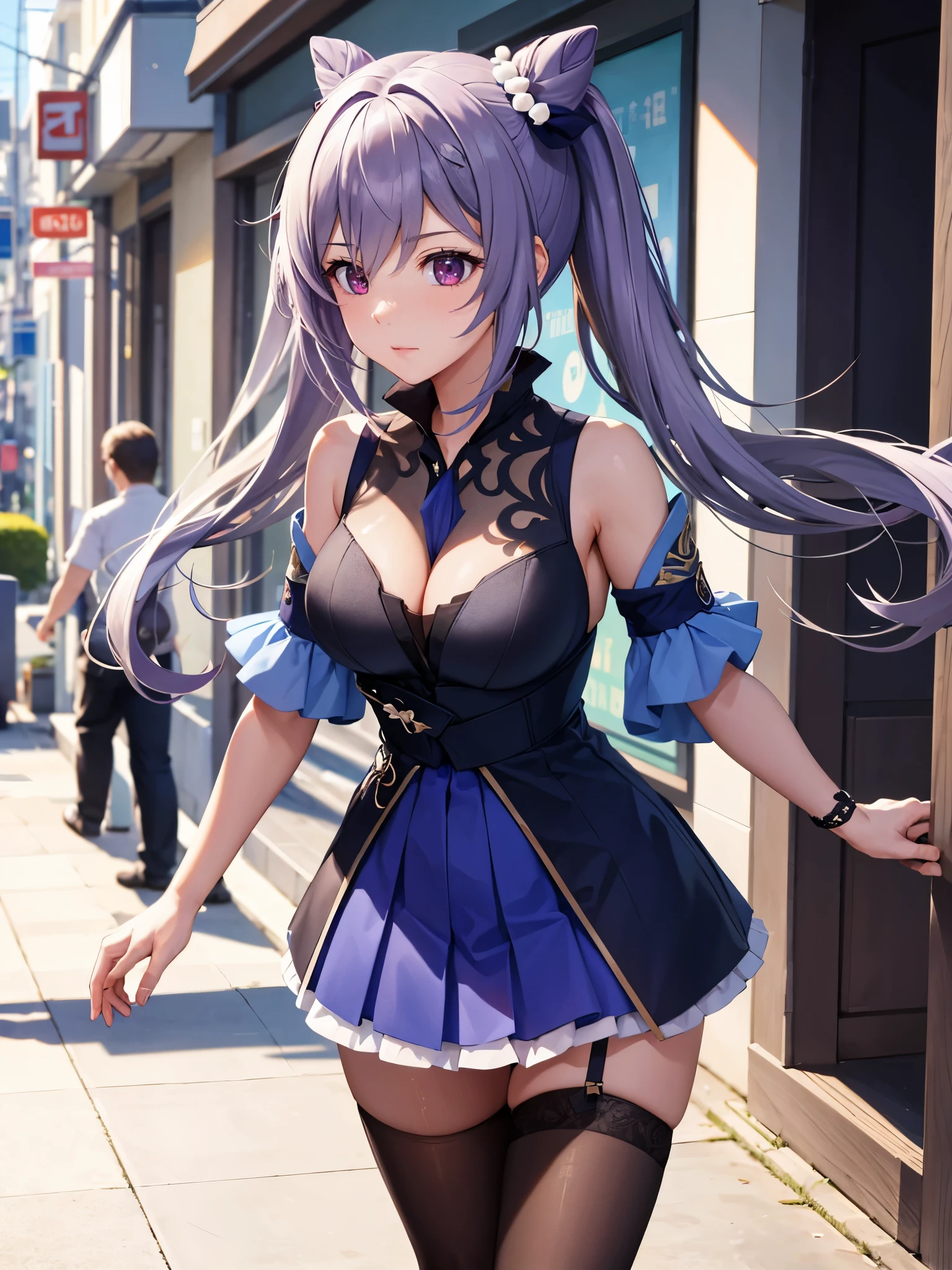 (1 girl),(high quality), (High resolution), (extremely detailed), (8K),(lower body shot),(Tokiharu is wearing Genshin Impact costume and panties.),(wearing black knee-high stockings)not wearing shoes,perfect writing,(Beautifully ????? ?????? shape),High resolutionの美しい目,(neutral white lighting:1.2),Walking around the city during the day