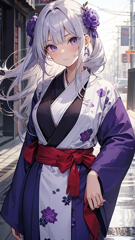 highest quality,female, 16 years old, silver hair, Purple left eye, blue right eye,Kimono appearance
