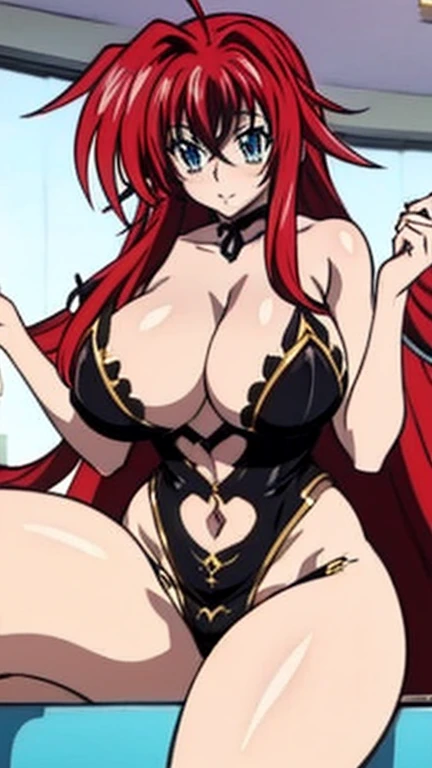 Rias gremory the busty woman from highschool dxd looking like a hot babe,gourgeous goddess,beautifull,cute face with a large,curvy voluptuous body, massive breasts, thick thighs wearing revealing clothing