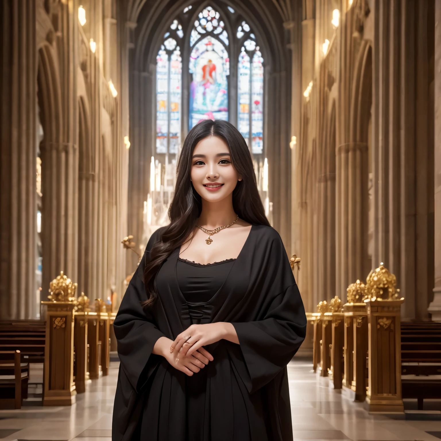 ((highest quality、pieces fly、8K、best image quality))、1 female believer、religious woman、wearing the robes of the cult、precise and perfect robe、beautiful cathedral in palace、huge top quality necklace、sacred and beautiful cathedral of the royal palace、smile looking at me、upper body photo、perfect anatomy、very 