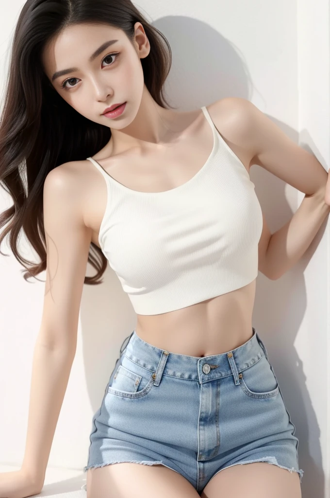 Feide girl wearing white top and denim briefs，posture, Photos of slim girls model, Fits the delicate figure, thin waist, thin waist粗臀, attractive body, beautiful belly, Cropped tops, Perfect body,  Wearing denim thong, powerful thighs, exposed abdomen, Photos of slim girls