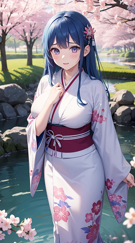 Beautiful woman with big breasts、blue hair、purple eyes、（Cherry blossom pattern）white kimono、Kimono opened wet、wet hair、water droplets、embarrassed face、Japanese garden in the evening、long hair down to the waist、