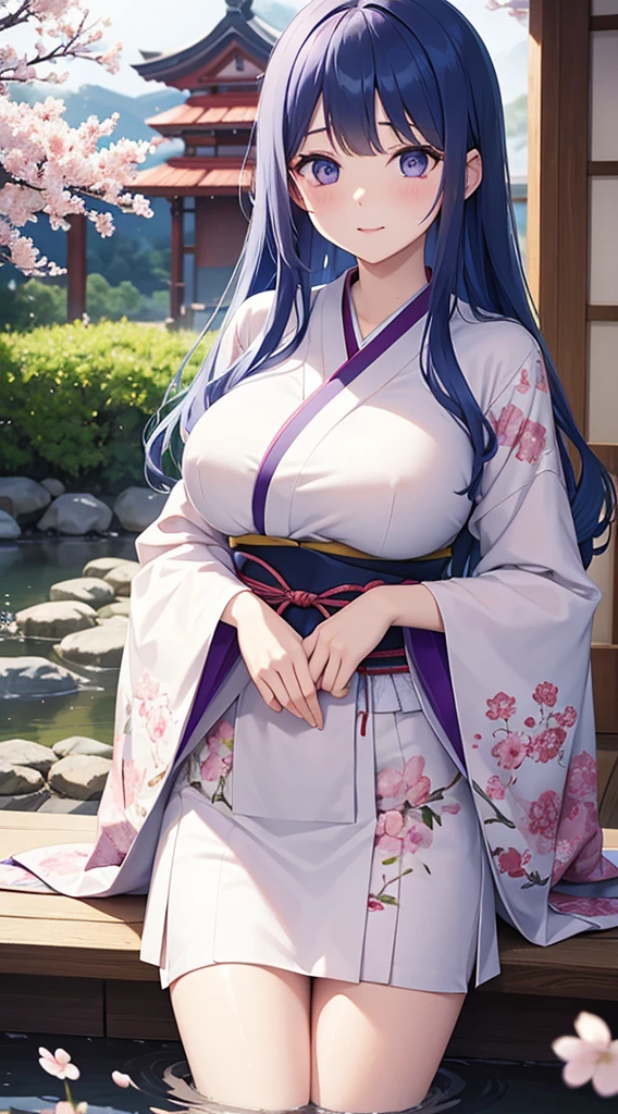 Beautiful woman with big breasts、blue hair、purple eyes、（Cherry blossom pattern）white kimono、Kimono opened wet、wet hair、water droplets、embarrassed face、Japanese garden in the evening、long hair down to the waist、
