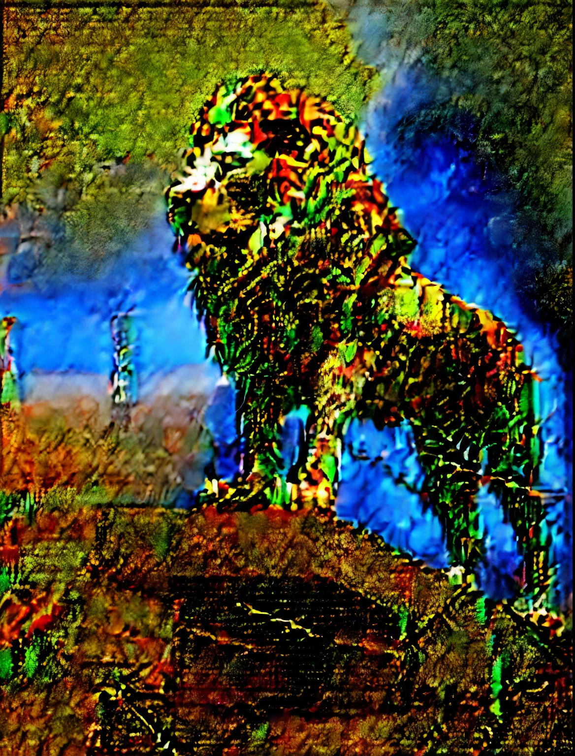 (A cybernetic lion stands on the ruins of old technology), (Cyborg lion with transparent plastic body, Visible internal parts and glowing wires, A formidable cyborg lion with a transparent body), (post apocalyptic atmosphere), Ruins and ruins, Detonated Mechanisms, Scattered Parts, Black smoke, A fire burning in some places, higly detailed, A clear picture of every detail, hight resolution, Cinematic Photo, Artistic lighting, Maximum realism and a man standing