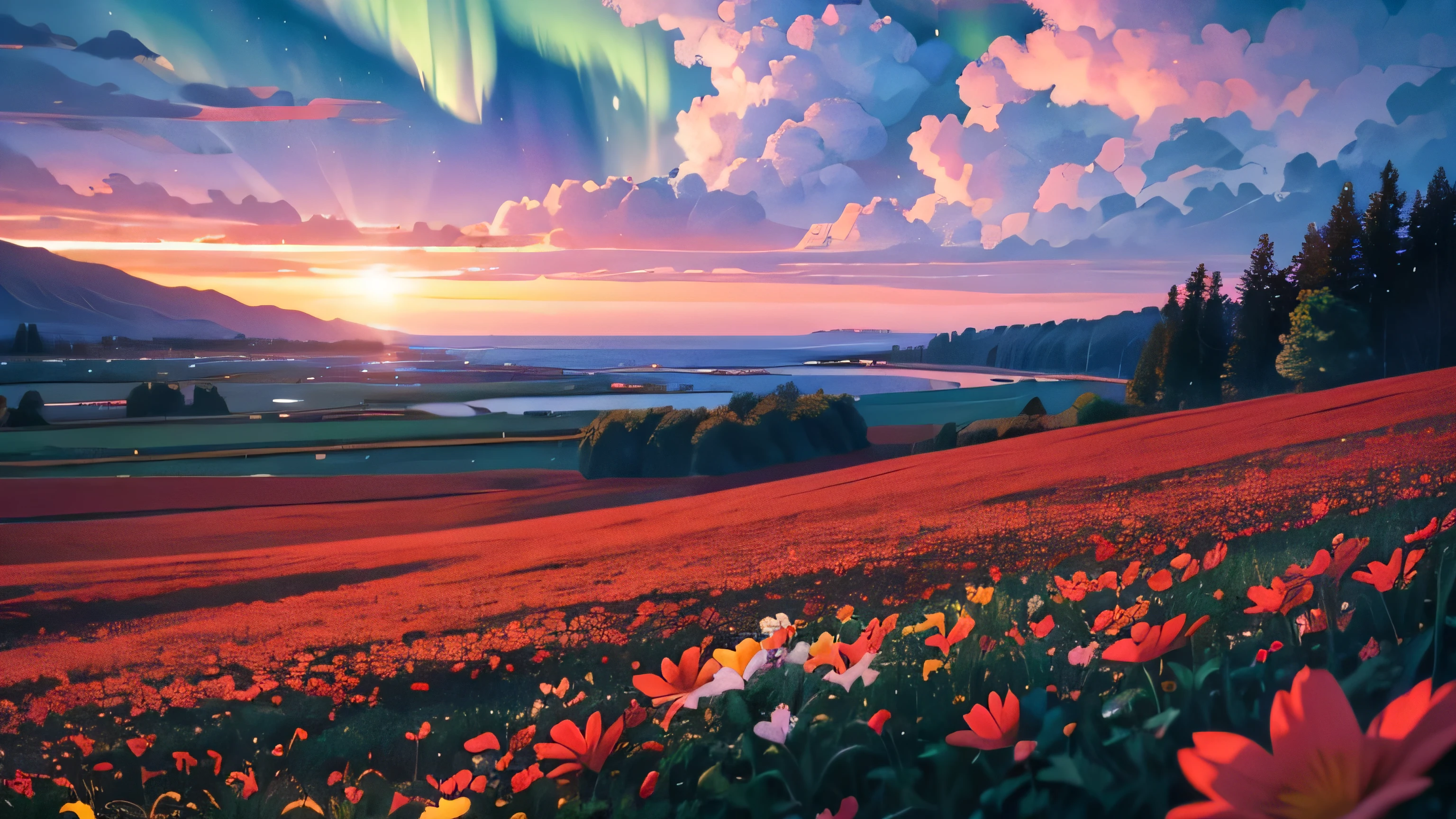 depth of field,dusk,Sky,universe,flower field,Sea of flowerireworks,summer festival,Natural light,quiet afternoon,Tyndall effect,many flowers,red and white flowerlowers,aurora,