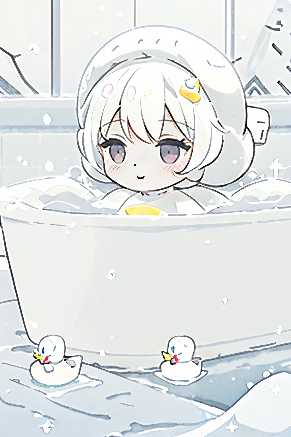 (Bathroom filled with steam),(Translucent shower cap:1.2),(Bathtub full of foam:1.4),blush,Chibi,cute,girl,happy look,(Taking a bath:1.3),(lots of large water droplets:1.3),(protruding breasts:1.3),(big breasts:1.25),(NSFW:1.0),(Nude body covered in bubbles:1.3),(close up of face:1.3),(Hair with beautiful irises that reflect the light:1.25),(Bun hair with plenty of volume:1.3),(Toy ducks are floating in the bathtub:1.2),(Snow-white foam:1.8),