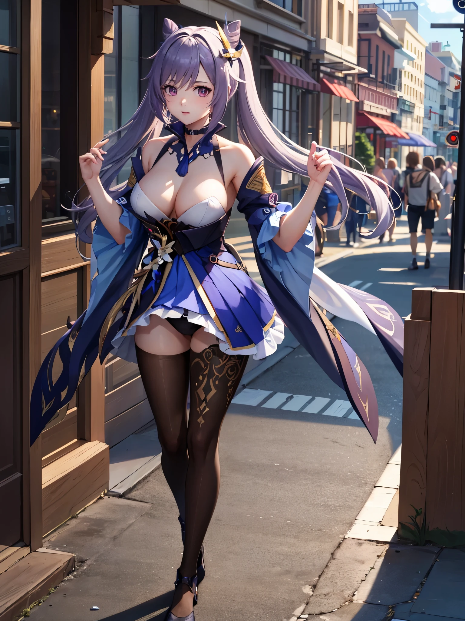 (1 girl),(high quality), (High resolution), (extremely detailed), (8K),(lower body shot),(Tokiharu is wearing Genshin Impact costume and panties.),(wearing black knee-high stockings)not wearing shoes,perfect writing,(Beautifully erect nipple shape),High resolutionの美しい目,(neutral white lighting:1.2),Walking around the city during the day