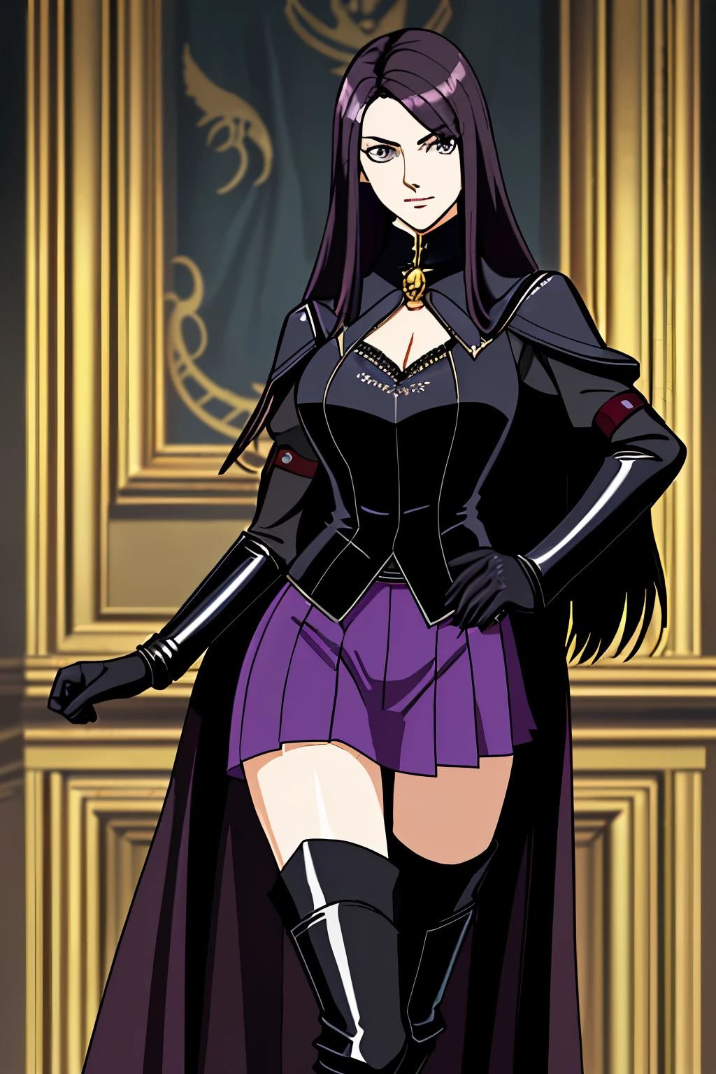 Arrogant Woman, an aristocrat, dark long hair, in a black blouse, in a steel cuirass, wearing leather gloves, in a purple skirt, in thigh-high leather boots, stands in the rich room of the mansion, fantasy world
