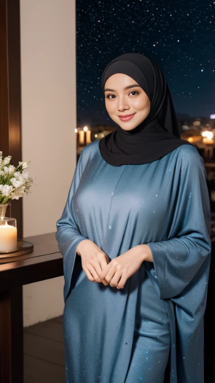 half body view, a malay woman named mira is wearing headscarf and abaya, outdoor, sexy pose, starry sky, firm round breasts, smile, at night in a malay village, blackout, a single candle light illuminates the room, no interior lighting, dark ambient, masterpiece, 8K, absurdres