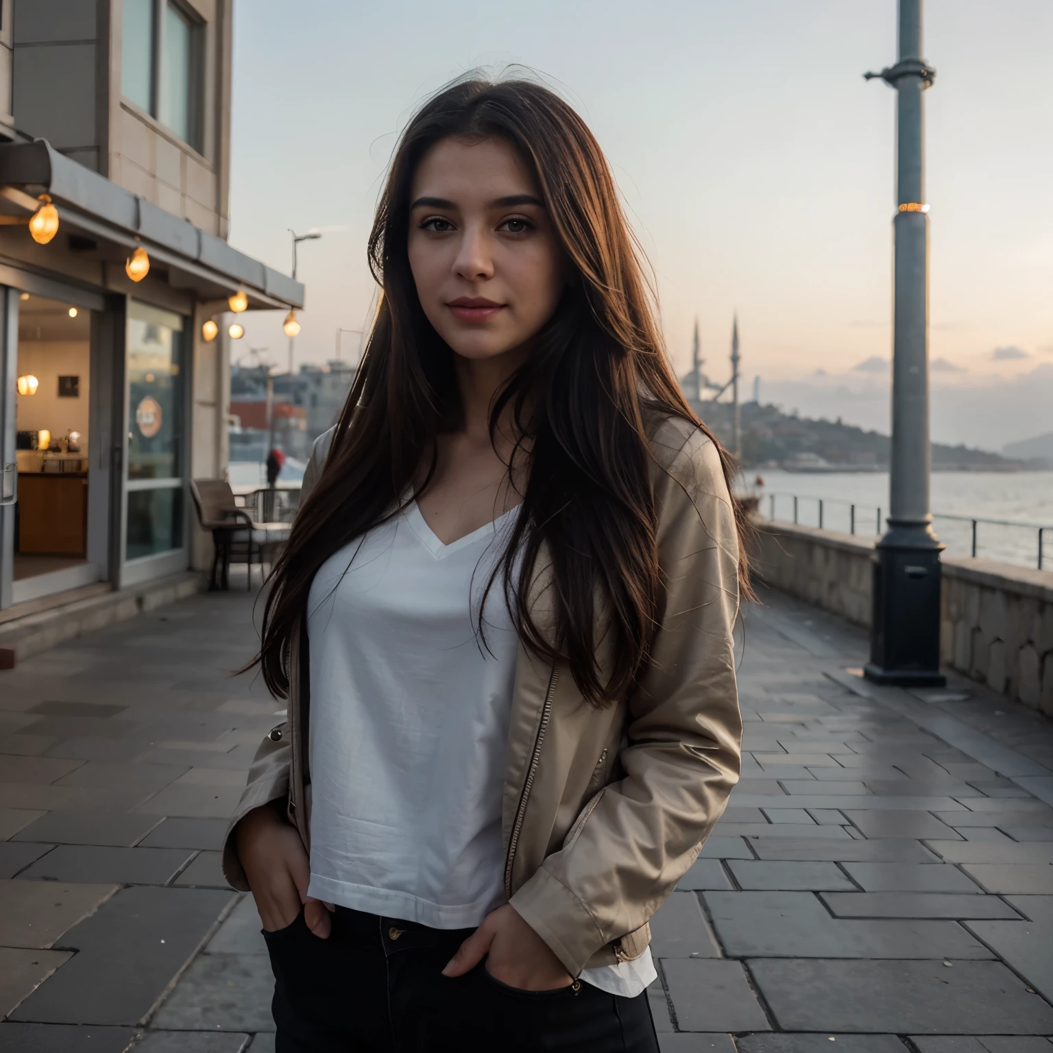 Woman standing on a city sidewalk, facing the sea in Istanbul. Capture a Fallout-style atmosphere with the city center in the background, resembling Istanbul. However, ensure that it doesn't directly depict Istanbul but evokes its essence. Ensure the highest quality, a masterpiece in 8K UHD resolution, DSLR shot, soft and volumetric lighting. Emphasize the Tyndall effect, detailed features like beautiful eyes, long hair, and closed-mouth smile. Achieve a photorealistic look with rim and two-tone lighting. Candid pose, capturing the essence of Istanbul's coastal beauty. Include Bokeh and detailed skin (1.2) for the ultimate high-res photograph.
