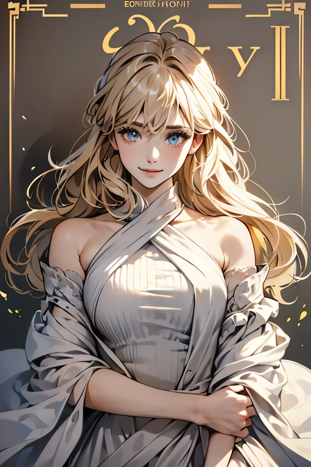 (monochrome)、(line art)、N.F.S.W.、1 female、35 year old married woman,blow a kiss and wink、cover one's body with one's arms、has long straight blonde hair、Has a hairstyle with bangs cut horizontally、smile slightly、auspicious、thank you、happy、Congratulations、grateful、service service、expose left shoulder、blow a kiss、