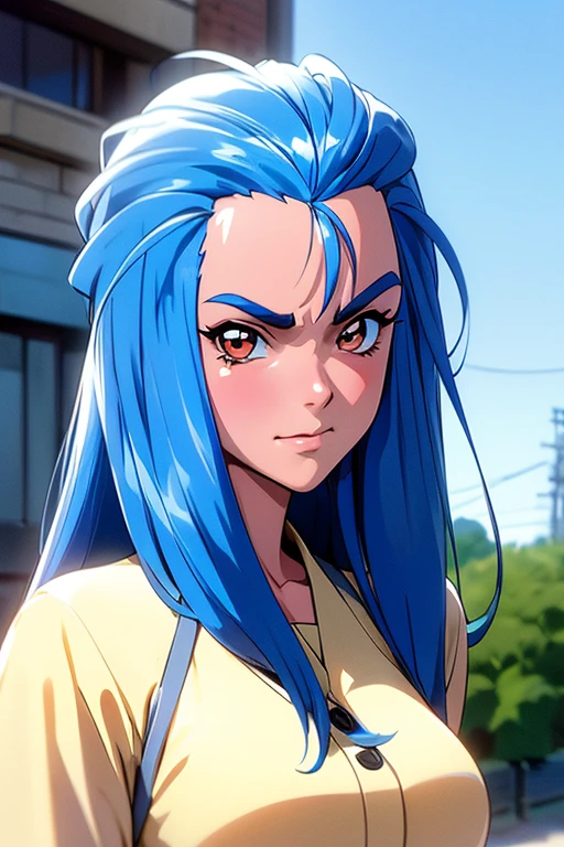 MinazukiKotoko,((a young woman１people))),(((Beautiful blue hair))),((リアルなpeople々object image)),(Reality),((best quality)),(muste piece),(highest quality),((Highest image quality)),((highest resolution)),((fine detaileautiful detailed face)),((angry expression:blush)),(Beautiful detailed orange eyes),((looking at the camera)),(upward glance),beautiful detailed nose,((open your mouth)),((beautiful white skin)),((wear cute clothes)),(precise armig breasts)),((Accurate and beautiful upper body)),(((Photographed mainly on the face and chest))),((field:bustling street:detailed background)),