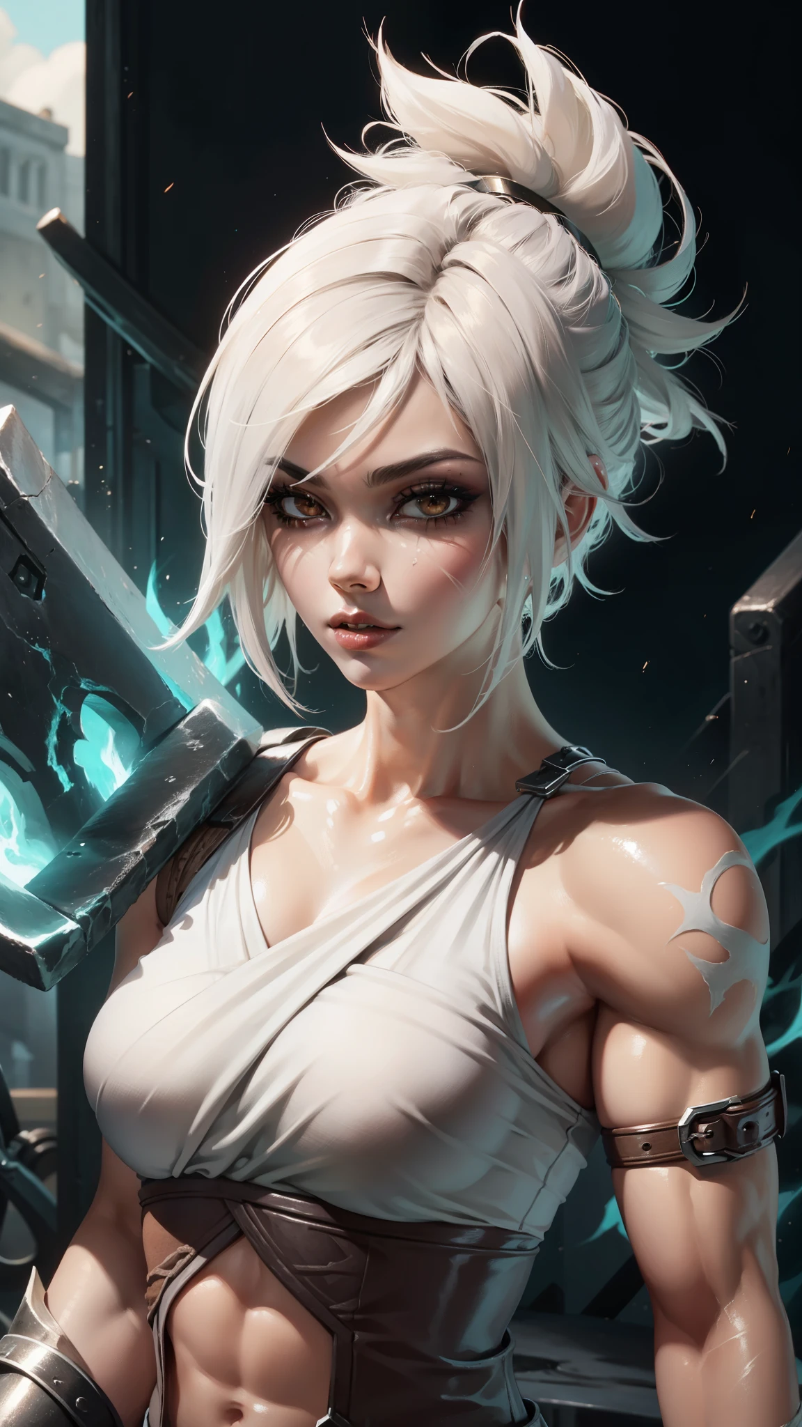 (Masterpiece:1.2), best quality, riven \(league of legends\), 1girl, sarashi, muscular female, abs, white hair, black eyeshadow, bare shoulders, upper body, potrait