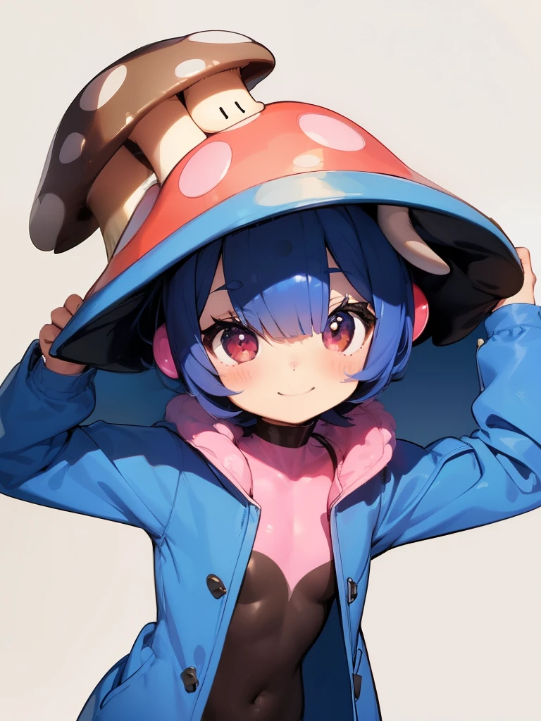 (mushroom on head:1.3)(Masterpiece), (kawaii,Tiny:1.4), A girl, smiles, (Zentai in coat:1.4), costume-centered, the iconic Michael Jackson pose, with one hand on the hat and one leg lifted, 