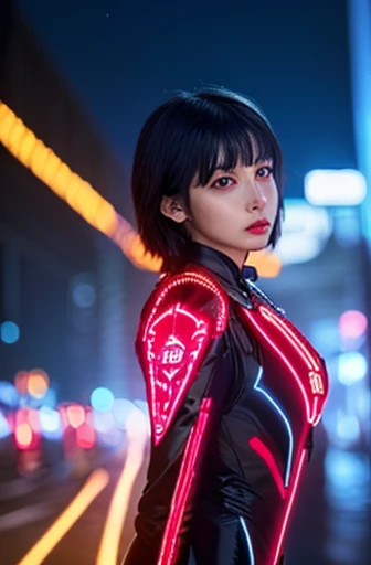 ((masterpiece)), (best quality),, official art, extremely detailed CG unity 8k wallpaper, highly detailed, shiny skin, Depth of field, vivid color,, 1girl, (curvy:0.4), (full body:0.6),, medium short hair, bangs, red eyes, looking at viewer, night, neon star (sky), crowd, upper body,