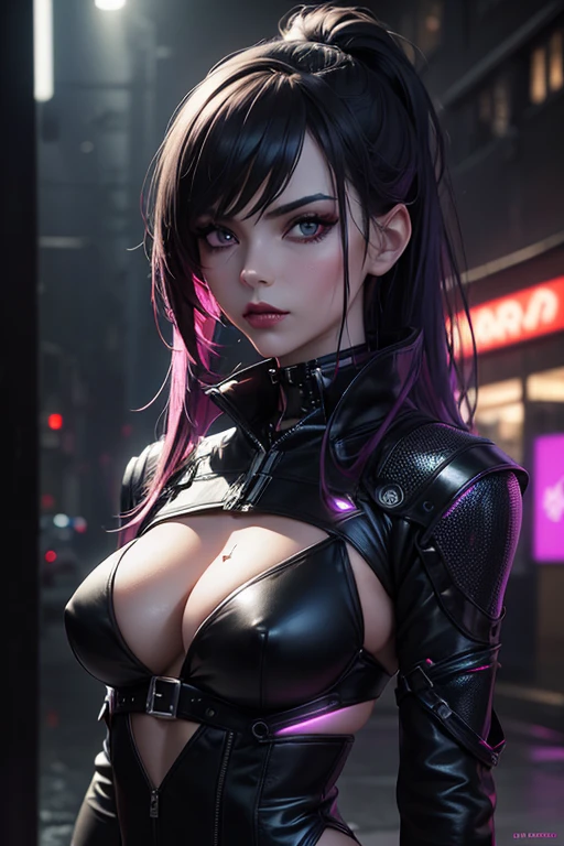 best quality,4k,8k,highres,masterpiece:1.2,ultra-detailed,(realistic,photorealistic,photo-realistic:1.37),gothic girl,sexy oriental girl,long black hair,deep red lipstick,smoky eyes,cyberpunk style,futuristic cityscape,purple neon lights,metallic accessories,leather outfit,cybernetic enhancements,mysterious aura,misty atmosphere,dark alleyway,sideways glance,evocative pose,intense gaze,haunting beauty,ethereal background,vivid colors,concept artists,moody lighting,sharp focus,bokeh