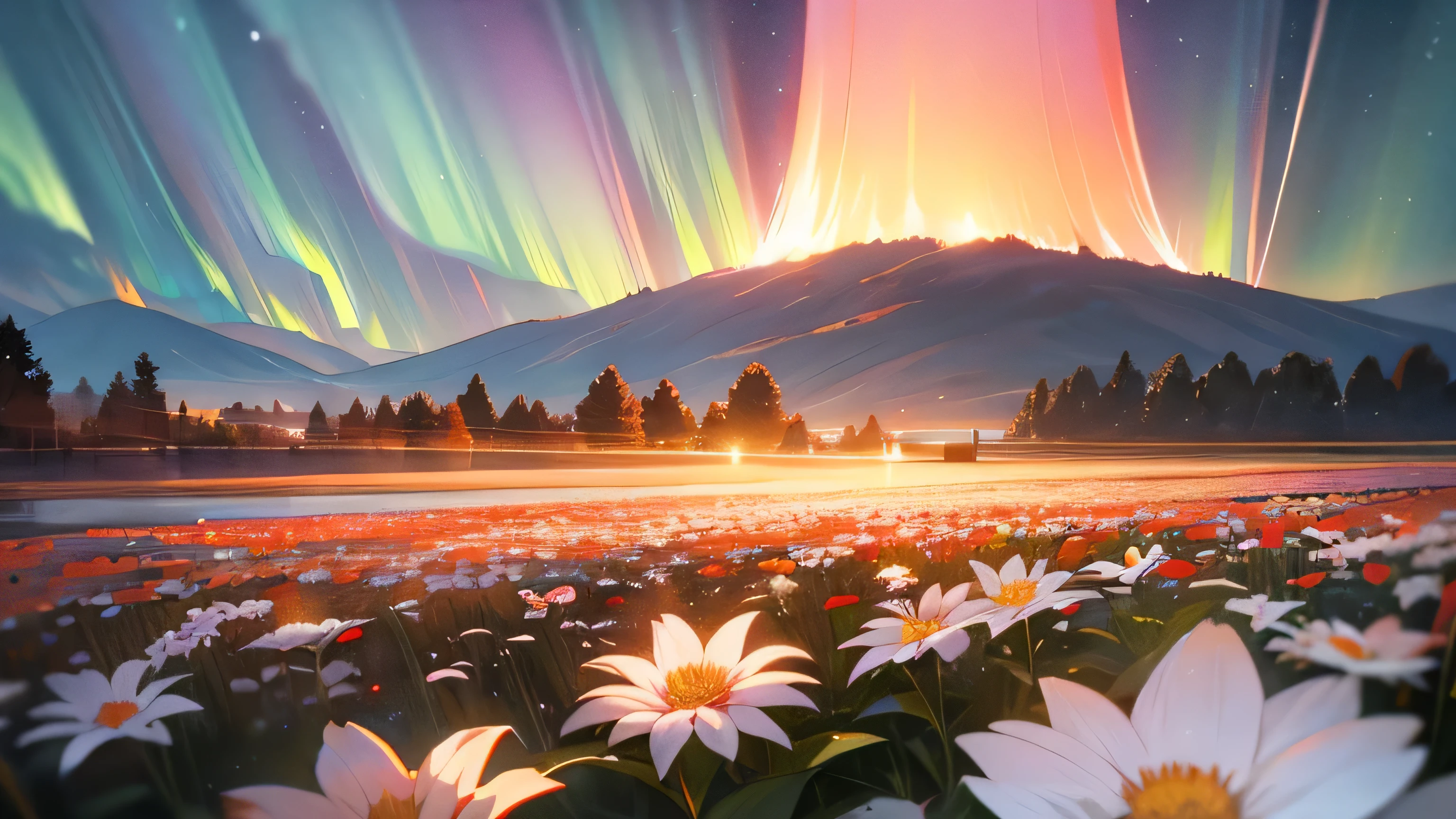 depth of field,dusk,Sky,universe,flower field,Sea of flowerireworks,summer festival,Natural light,quiet afternoon,Tyndall effect,many flowers,red and white flowerlowers,aurora,