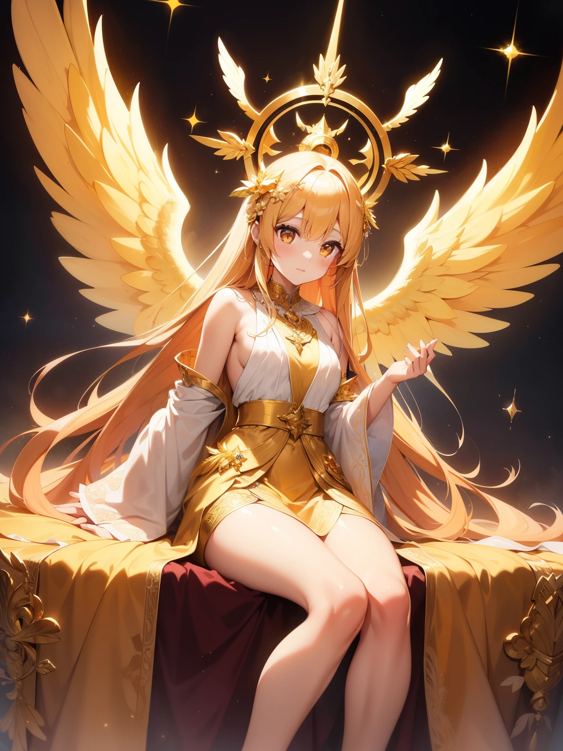 Illustration of an angel with golden wings, serene expression, and flowing robes, enclosed within a radiant and shimmering amber gemstone, with intricate details of delicate feathers, soft features, and ethereal glow capturing the otherworldly beauty of the celestial being trapped within the radiant amber.