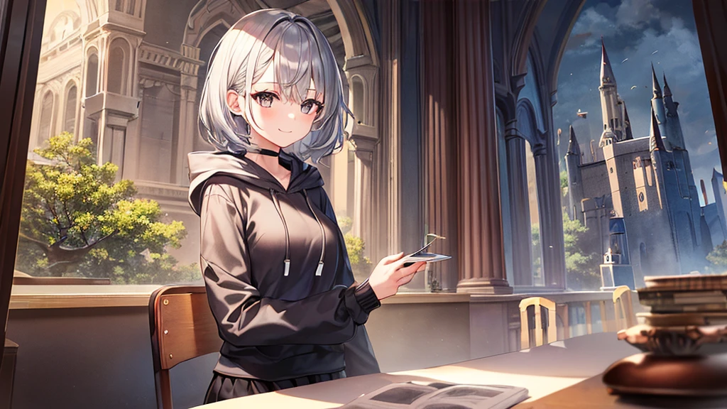 super high quality, girl, 20-year-old, very short hair, long bangs between the eyes, very detailed,(masterpiece、highest quality)、alone、gray hair、white hoodie,black skirt、 silver hair, gray eyes, Fantasy landscapes,Inside the castle、sit on a chair、close、smile