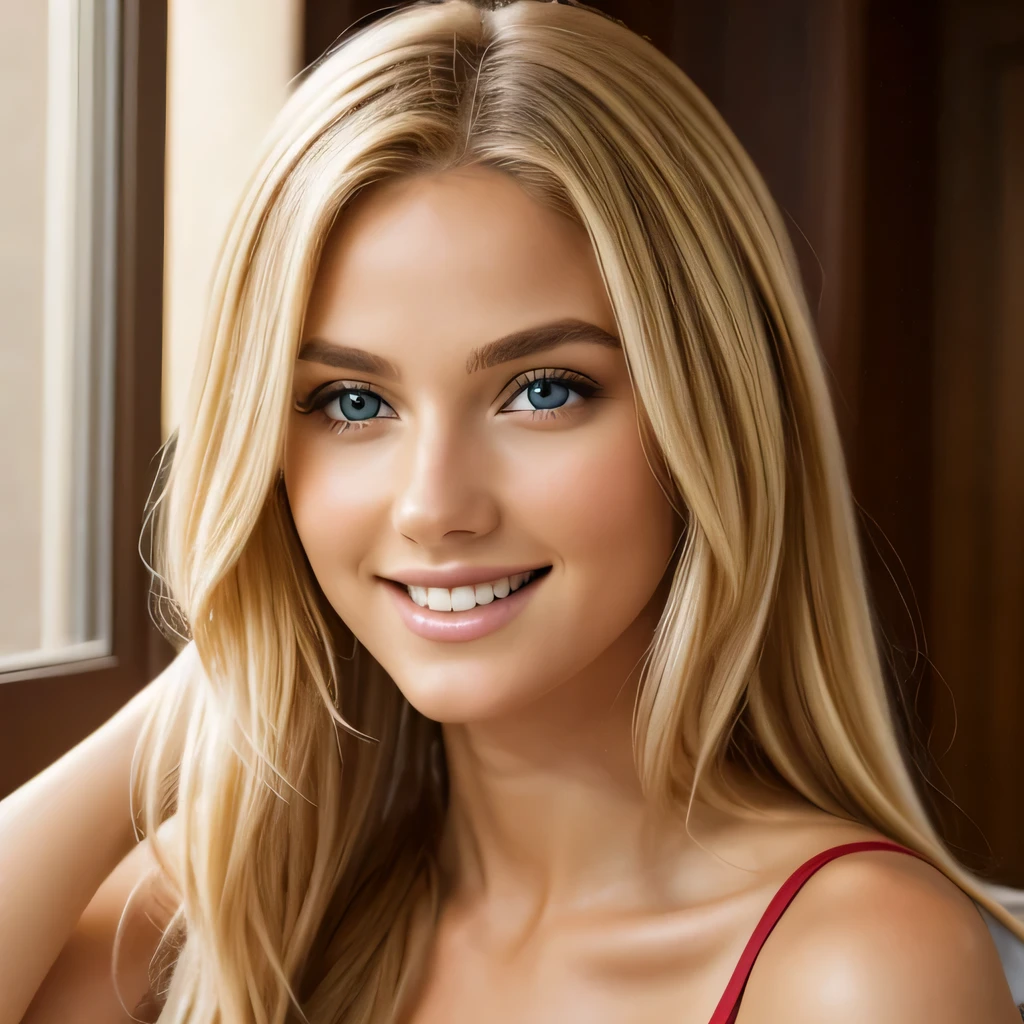 Generate a mesmerizing UHD, hyper-realistic 8K image of a stunning blonde model with an enchanting smile. Pay exquisite attention to the intricate details of her blonde locks, the radiance in her eyes, and the subtle warmth of her smile, 18 years old