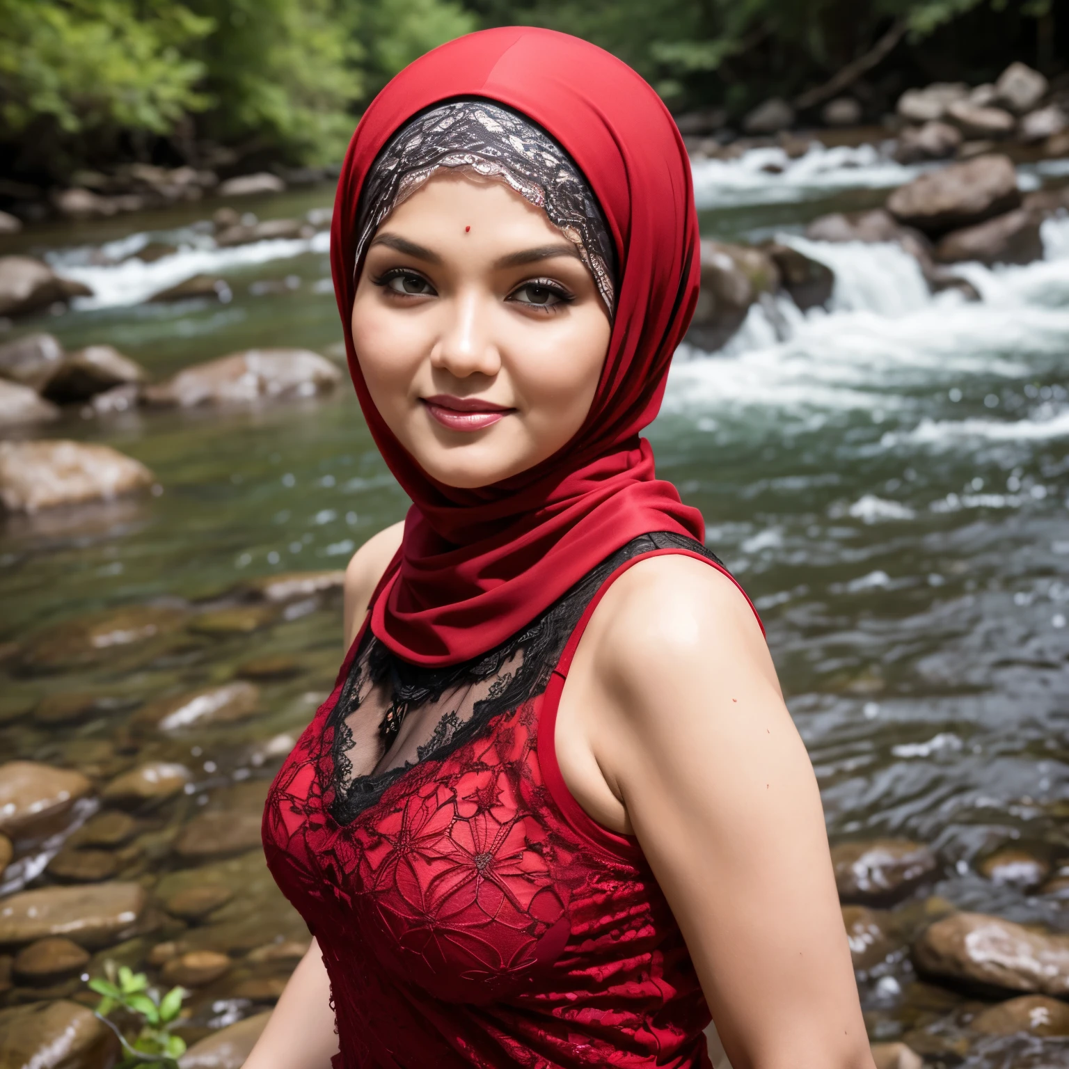 (Red Dark Hijab) Siti Nurhaliza 40-Years-Old, (lace TANK top at river)