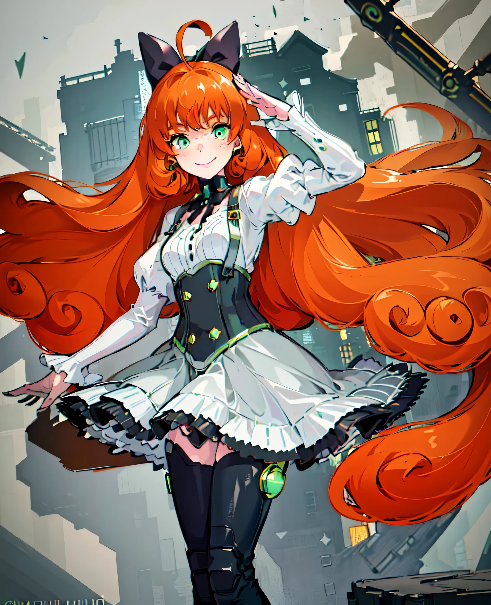 masterpiece, best quality, 1girl, pennymk2, detailed face, beautiful, green eyes, freckles, black bow, (power symbol:1.2), black ribbon, black thighhighs, mechanical legs, smile, long hair, juliet sleeves, white blouse, suspender skirt, corset, buttons, orange hair, smile, salute