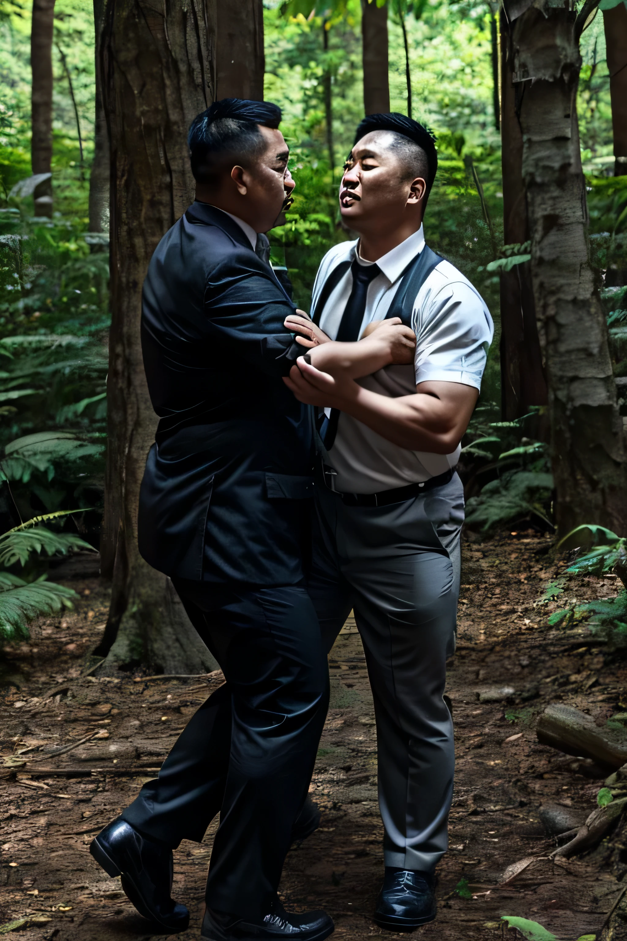 Wear black tie, Fat Chinese mature middle-aged man with security guard，fighting in the forest