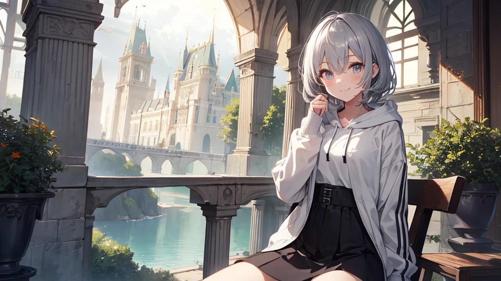 super high quality, girl, 20-year-old, very short hair, long bangs between the eyes, very detailed,(masterpiece、highest quality)、alone、gray hair、white hoodie,black skirt、 silver hair, gray eyes, Fantasy landscapes,Inside the castle、sit on a chair、close、smile