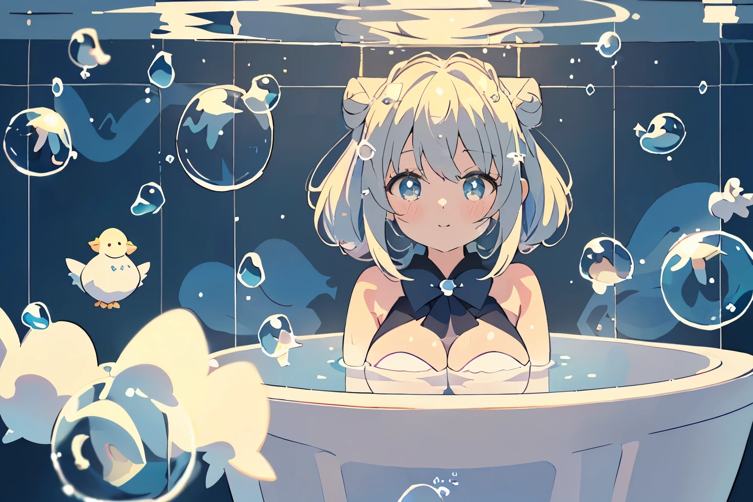 (Bathroom filled with steam),(Translucent shower cap:1.2),(Bubbleだらけの浴槽:1.4),blush,Chibi,cute,girl,happy look,(Taking a bath:1.3),(lots of large water droplets:1.3),(protruding breasts:1.3),(big breasts:1.25),(NSFW:1.2),(Bubbleにまみれた裸体:1.3),(close up of face:1.15),(Hair with beautiful irises that reflect the light:1.25),(Bun hair with plenty of volume:1.3),(Toy ducks are floating in the bathtub:1.2),(Bubble:1.8),