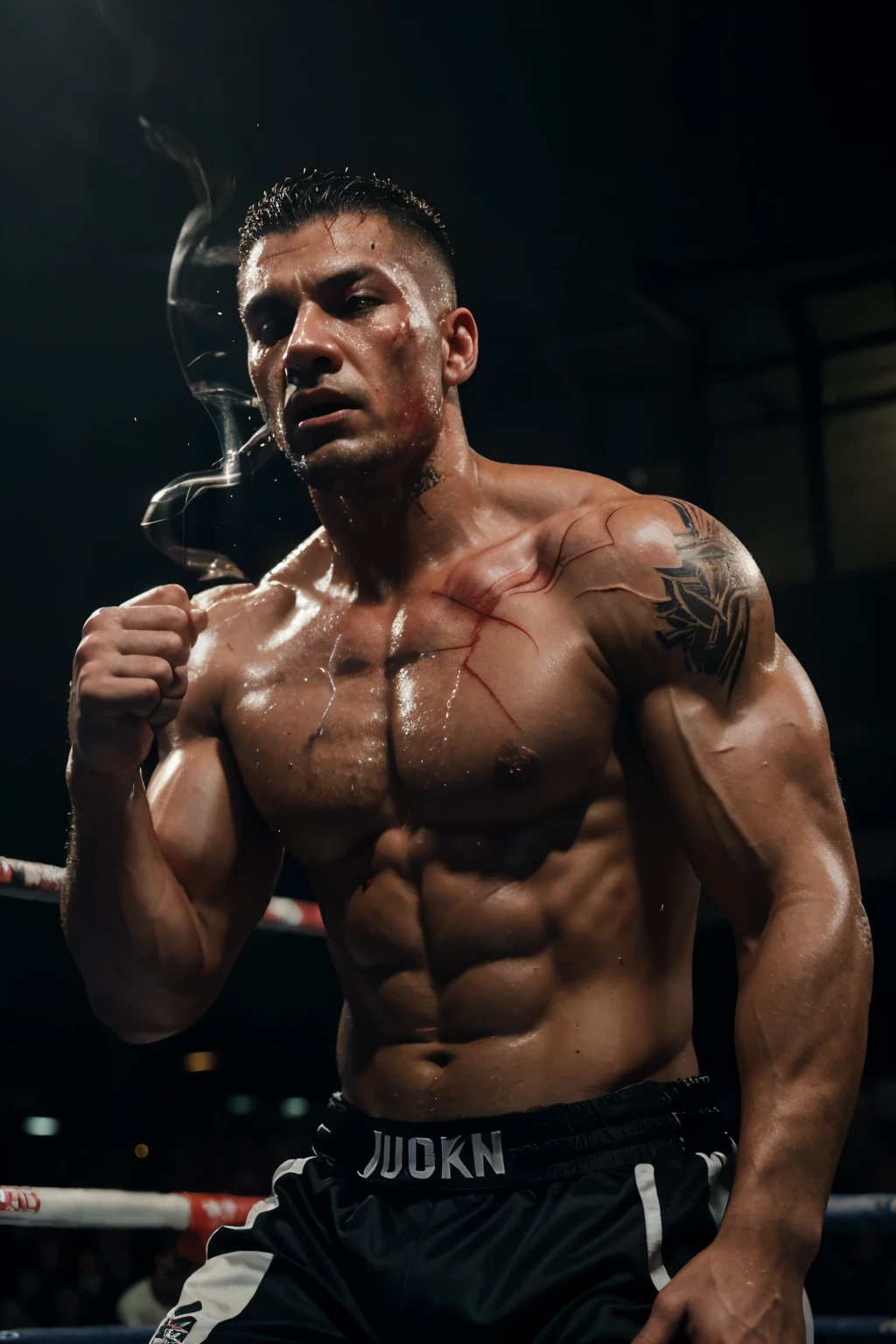 in suit, intense atmosphere, dramatic lighting, close-up shots of faces, sweat and blood, powerful punches and kicks, crowd cheering, tattoos, muscular bodies, smoke effects, adrenaline-filled.