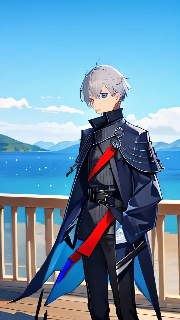 juvenile 1people Spiky Short gray hair color blue eyes Calm atmosphere black wizard jacket The long nape hides the face soldier Standing on the deck baggy clothes