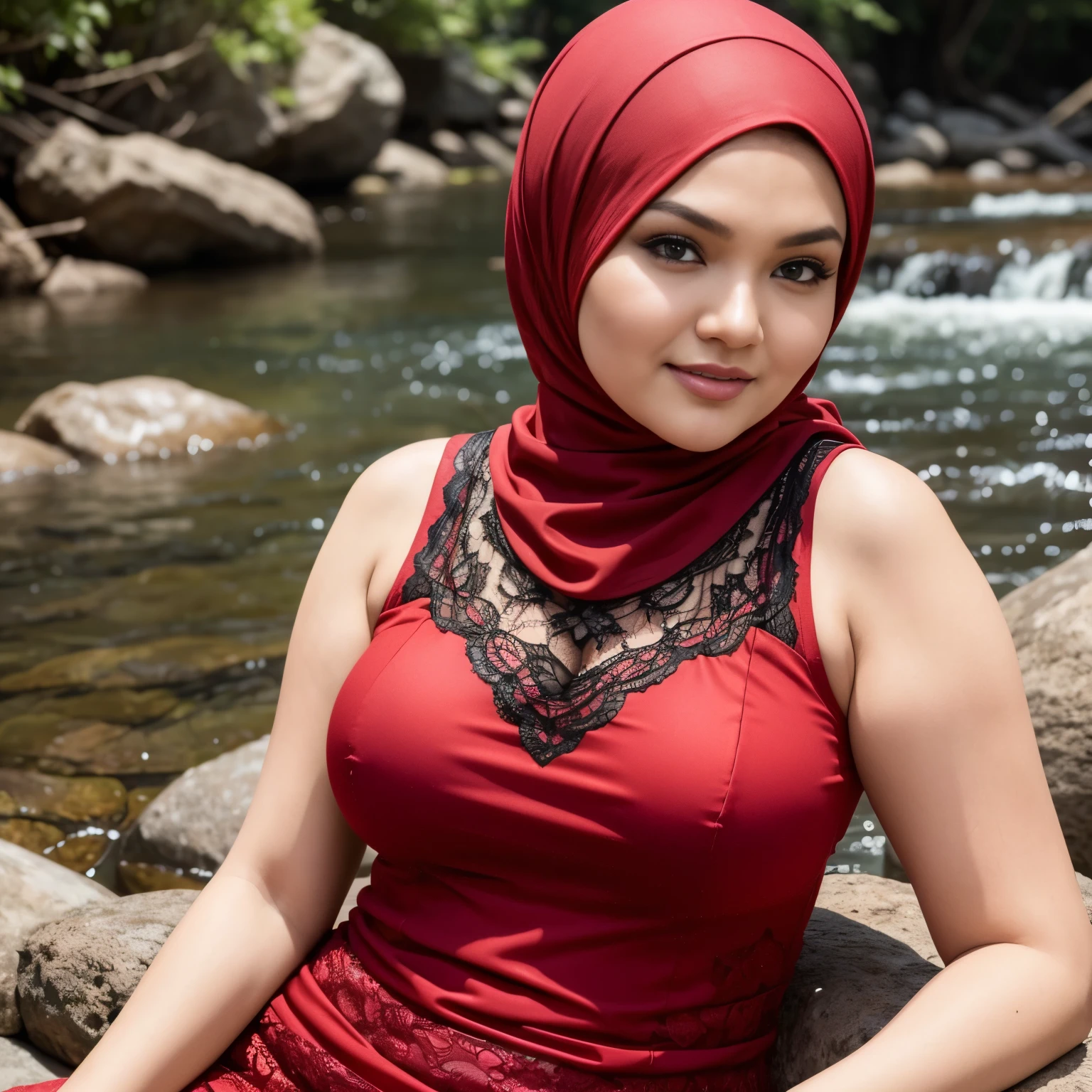 (Red Dark Hijab) Siti Nurhaliza 45-Years-Old, (lace TANK top at river)