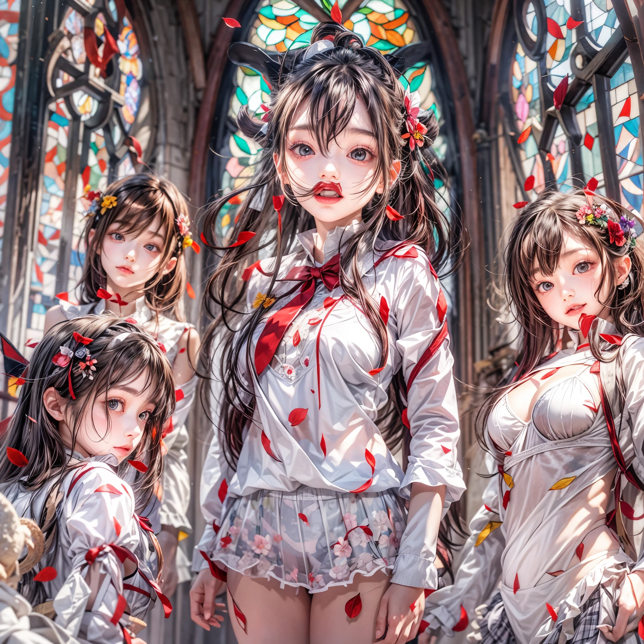 (White and Red, Acutance:0.8), Masterpiece, (physically-based rendering with ultra-detailed, (realistic and (photorealistic:1.37) with touch of rawness)). A group of KAWAII girls in opened school uniform without brassiere . ((extremely detailed KAWAII face variations) with joyful expressions), { Navel | pretty Ass | Overflowing underboob | (White panties) with blood only in crotch area | (full of Flowers covering girl's body) | (Dazzling colorful stained glass with delicate details:1.2) } . (Exposed:1.2), ((nipple:-0.9)), (not Detailed fingers:-0.9) .
