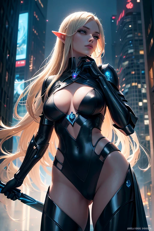 sexy blonde elf wizard in cyberpunk,(best quality,4k,8k,highres,masterpiece:1.2),ultra-detailed,(realistic,photorealistic,photo-realistic:1.37),magical atmosphere,mystical environment,glimmering neon lights,gritty urban setting,advanced technological elements,futuristic cityscape,enchanted spellcasting,floating holographic displays,meticulously designed costume,tailored to fit her slender figure,mysterious aura,powerful arcane staff,flowing blonde hair,sharp elven features,piercing blue eyes,mesmerizing gaze,confident and seductive expression,sorcery and technology intertwined,beautifully rendered cybernetic enhancements,glowing runes etched on her skin,elven elegance combined with cyberpunk style,ethereal and alluring,magical energy crackling around her,casting a spell to manipulate the digital world,lively and bustling streets filled with exotic creatures and hybrid cyborgs,woven with a sense of ancient magic and futuristic technology,contrast of natural beauty and urban decay,dynamic composition with a strong focal point, vibrant colors that blend smoothly with the dark and moody cyberpunk aesthetic,meticulously designed lighting that emphasizes the enchanting glow of the magical elements while showcasing the gritty shadows of the city,wisps of smoke and sparks swirling around her as she taps into her mystical powers.