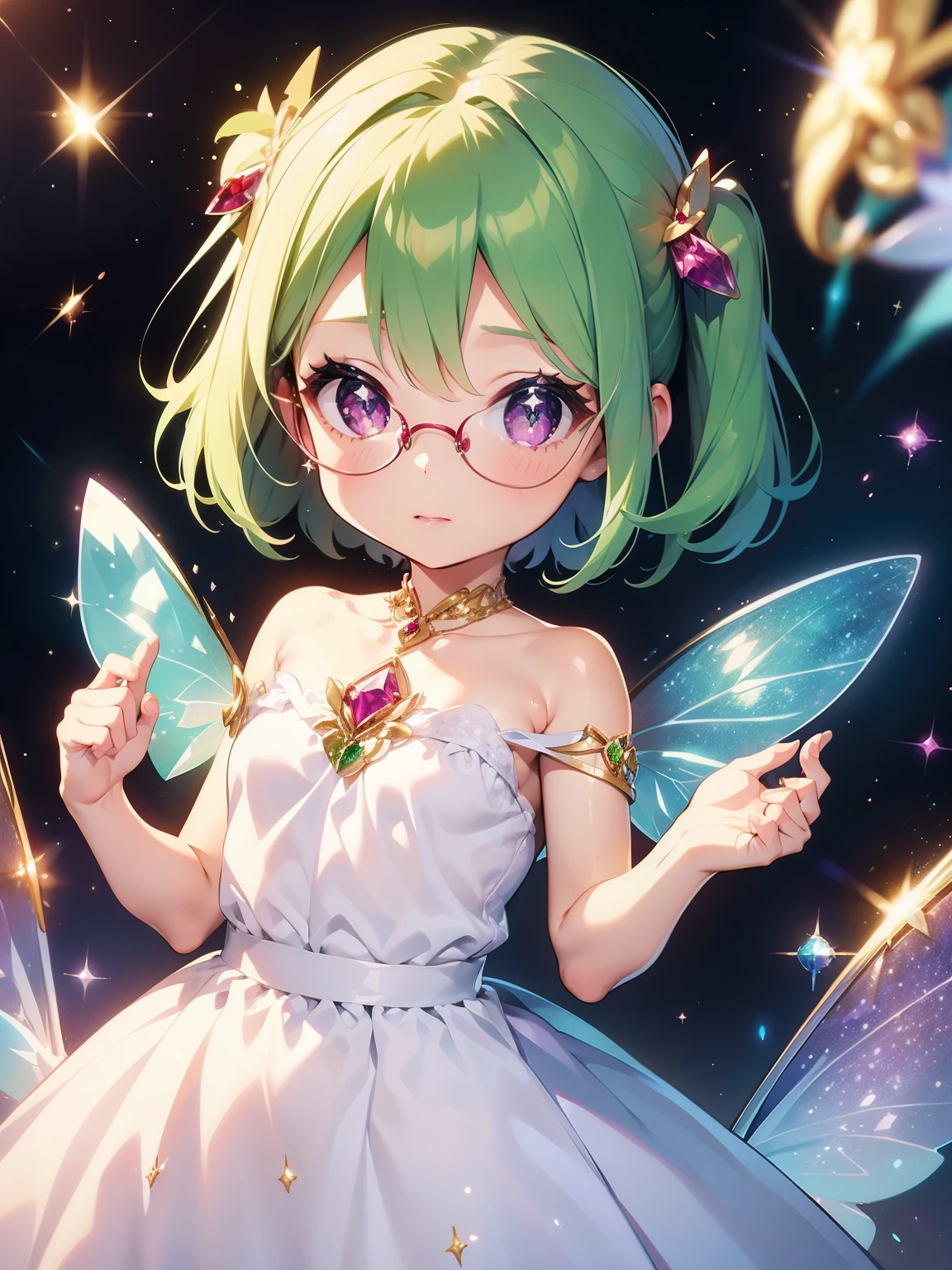 Illustration of a precious gemstone fairy young girl with shimmering wings, wearing a sparkling dress adorned with emeralds, sapphires, and rubies, holding a tiny sparkling wand, surrounded by a magical aura of twinkling stars and glowing crystals.