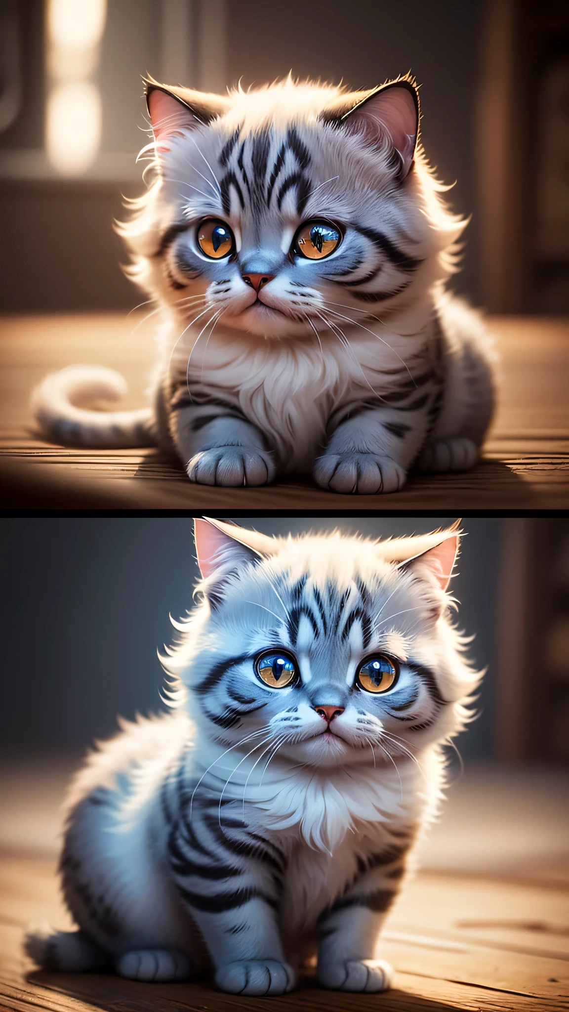 cute little surreal cat、scottish fold、droopy ears、Little、adorable fluffy、cinematic lighting effects、Charming、very cute、fantasy art、Bokeh、digital painting、soft lighting、4K resolution、 photorealistic rendering、very detailed、a realistic masterpiece、professional photography、
