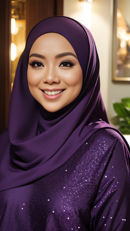 half body view, a malay woman named mira is wearing purple hijab, outdoor, sexy pose, starry sky, firm big round breasts, smile, at night in a malay village, blackout, a single candle light illuminates the room, no interior lighting, dark ambient, masterpiece, 8K, absurdres