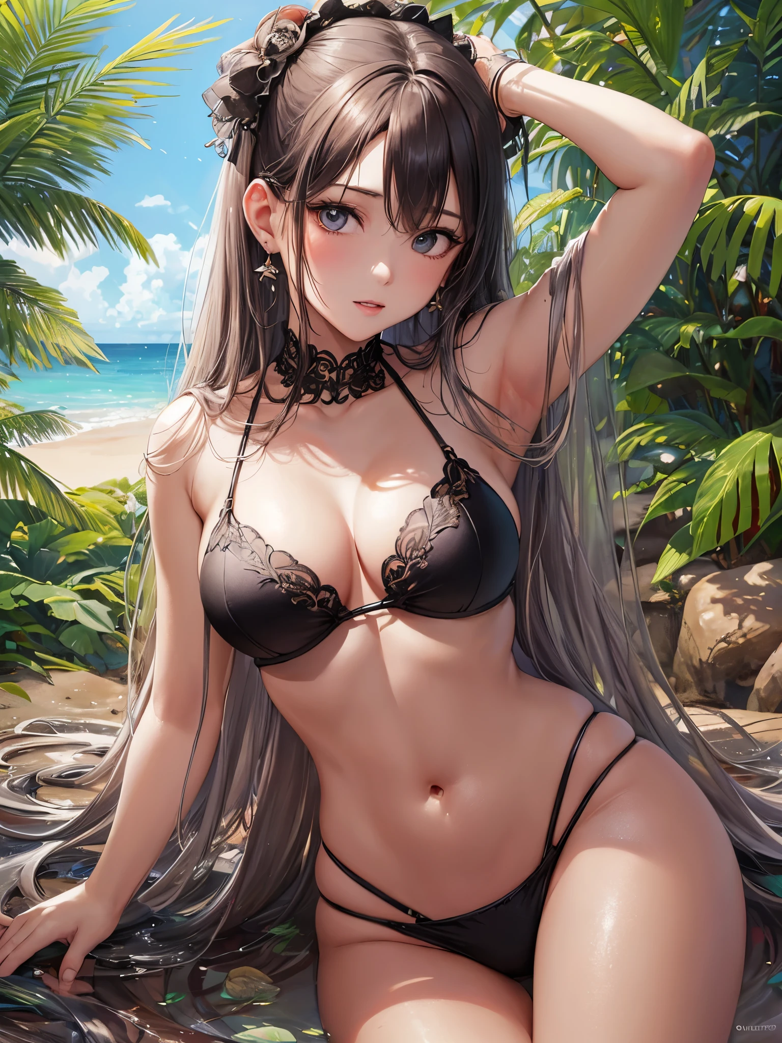 ((highest quality)),(ultra high resolution),(Super detailed),(detailed description),((best CG)),(best work of art),super precision art,great drawing art,(Art with precise details:1.5), (1 female:1.6),beautiful and well-shaped face:1.6,expensive:1.4,A small bikini type swimsuit on her body 1.7,belly button:1.6, Tropical beaches,dazzling sun:1.6,Tropical Plants:.6