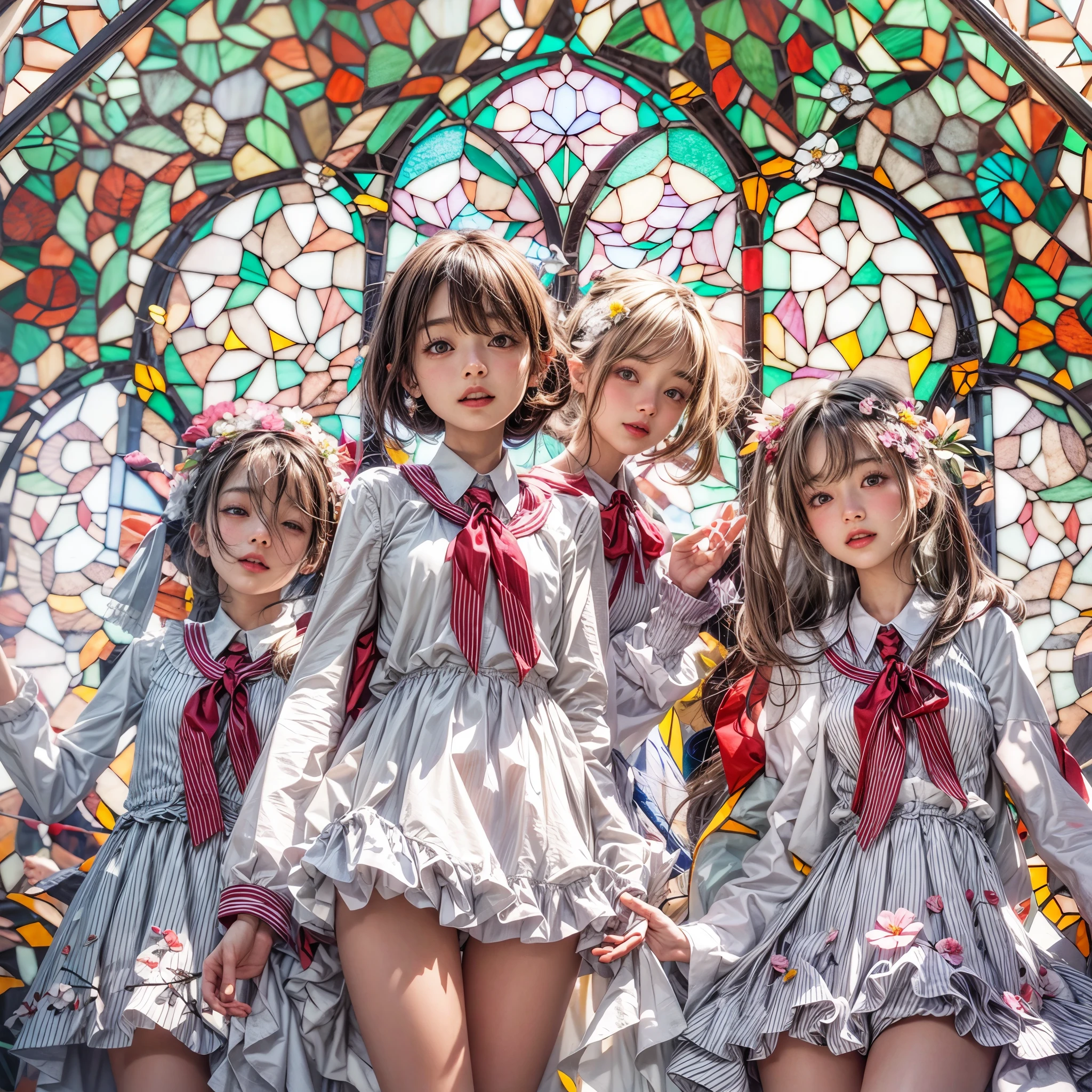 (White and Red, Acutance:0.8), Masterpiece, (physically-based rendering with ultra-detailed, (realistic and (photorealistic:1.37) with touch of rawness)). A group of KAWAII girls in opened school uniform without brassiere . ((extremely detailed KAWAII face variations) with joyful expressions), { Navel | pretty Ass | Overflowing underboob | (White panties) | (full of Flowers covering girl's body) | (Dazzling colorful stained glass with delicate details:1.2) } . (Exposed:1.2), ((nipple:-0.9)), (not Detailed fingers:-0.9) .