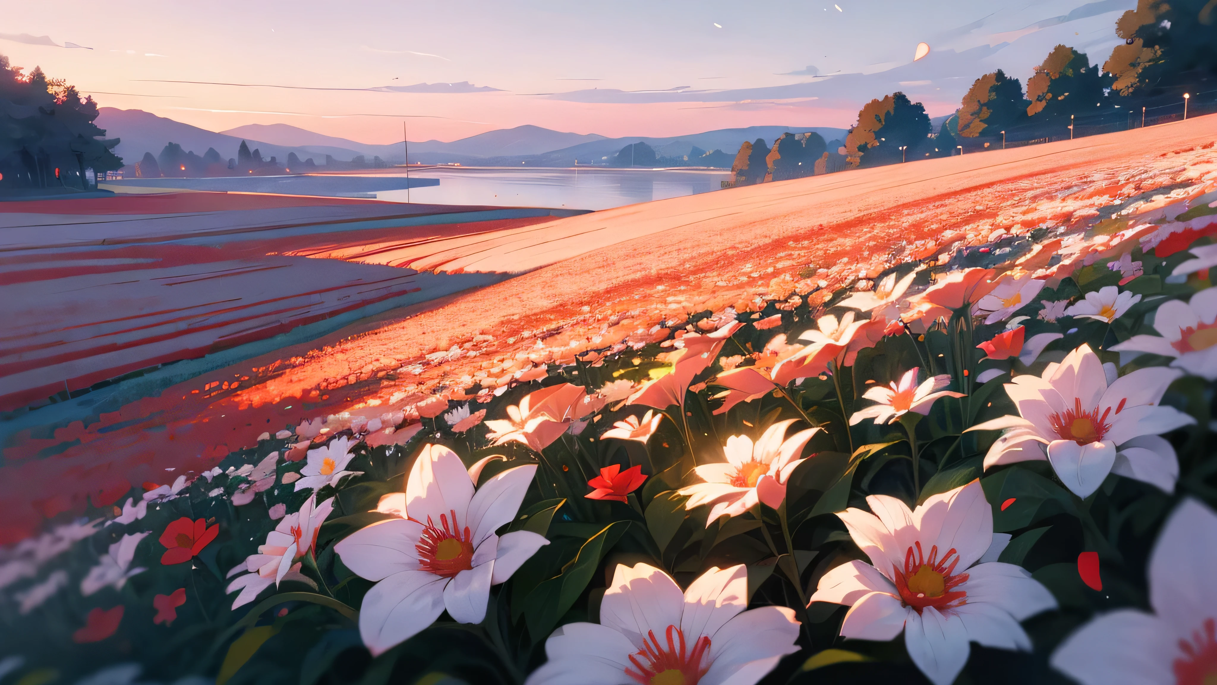 dusk,Sky,universe,flower field,Sea of flowerireworks,summer festival,Natural light,quiet afternoon,many flowers,red and white flowerlowers,