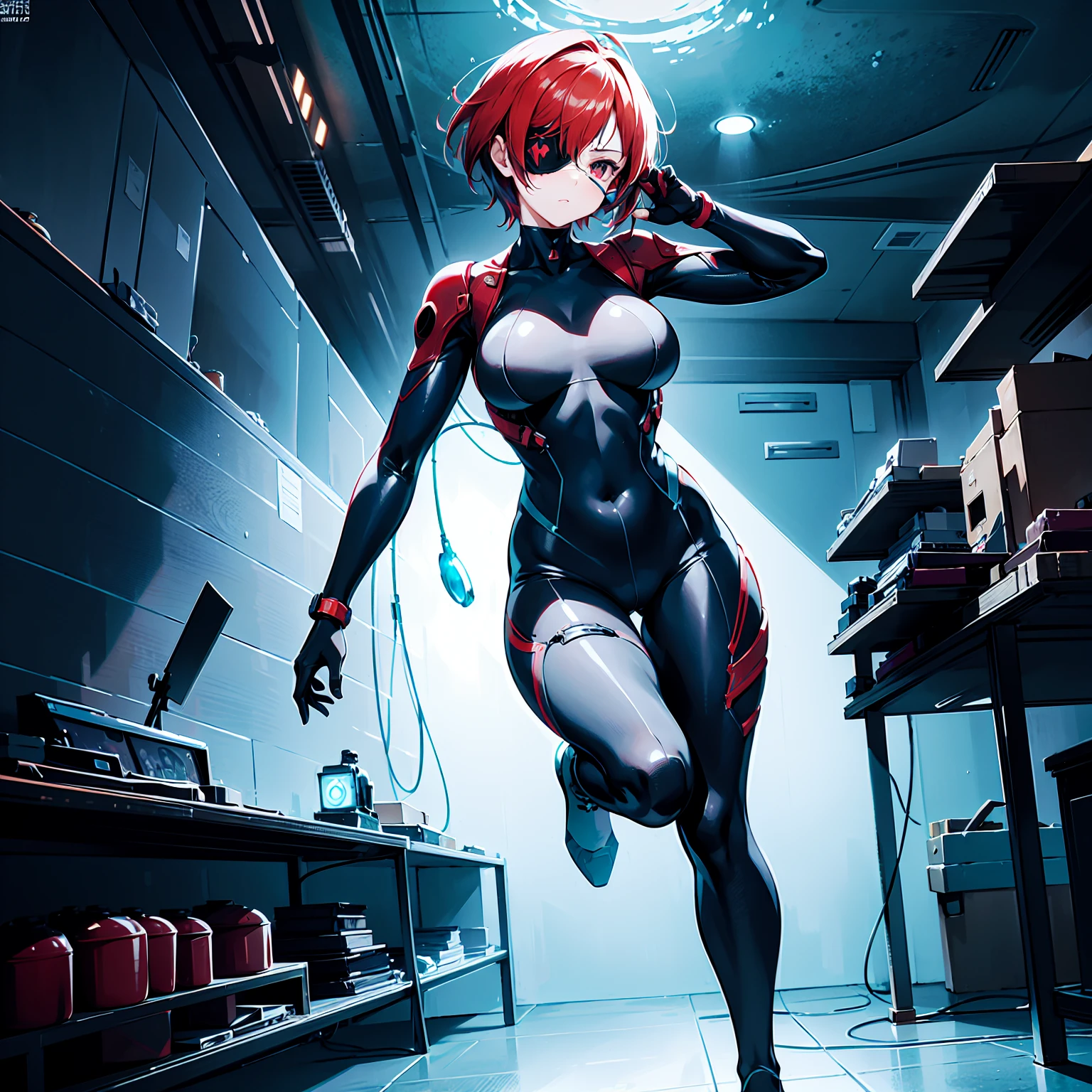 masterpiece, best quality, masterpiece, best quality, finely detail, beautiful detailed eyes, ultra detailed, extremely beautiful CG, super detailed skin, best quality, intricate, {{high quality}}, extra colors, 2D, megapixel, perfectionism, accent lighting, full HD, 4K, villain, dark heroine, 1girl, full body, 1girl, solo female, mature female, full body, contrapposto, resident evil laboratory, metal gear solid v, metroid underwater level, collarbone, red hair, red eyes, short hair, beautiful detailed eyes, weird red hair, short red hair, evil, medium_breasts, best quality, beautifully detailed face, ray tracing, DOF,HDR, thighhighs, fingerless_gloves, skintight clothe, fully clothed, gloves, (eye patch on left eyes:1,2 ), sneaking_suit, tactical gear, tactical uniform, camouflage bodysuit, skintight bodysuit, sneaking_suit, tactical gear, full clothed, indoors, horror movie ambience, character scale for the background, underwater ambience background, science fiction background, indoor, underwater base background, glowing, underwater base, deep water, official art, water infiltration, deep water through window, Pipeline under water, science fiction laboratory, underwater science fiction laboratory background, low water level on ground, corridor, submarine interior,