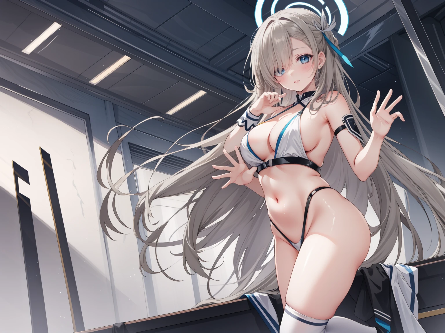 (high resolution), (The best resources), (high quality), (masterpiece), 1 plump girl, Asuna, blue eyes, long gray hair, halo, hair covering one eye, very long hair, light brown hair, (, Cracked Contrast Glue High Socks, Red latex, praying hands logo, looking at the audience, 8K HD RTX, Delicate finger detailing,Obscenity exposed,slim figure,Smile