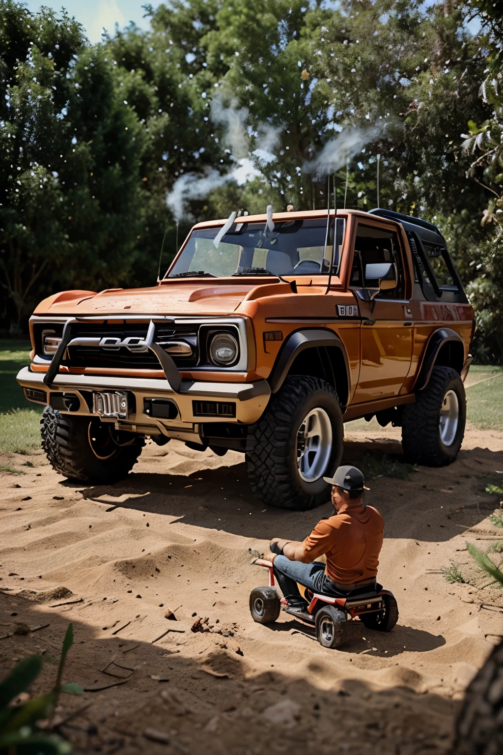 a middle aged man smoking a cigar whilst playing with a RC truck in his back yard. Focus more on the RC truck, its a traxxas TRX4 Bronco 1979, the RC is very small, and the man is large