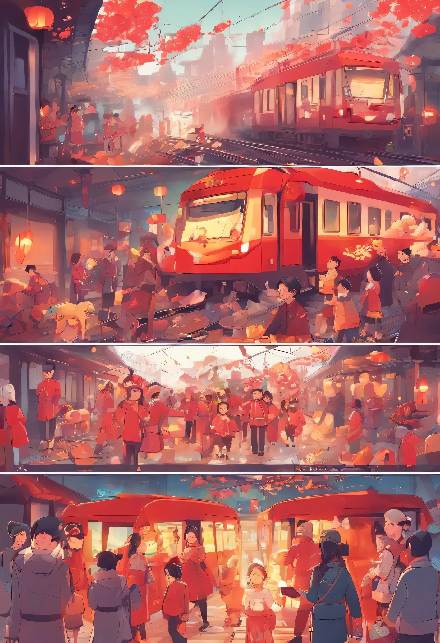 A happy family on their way home during the Spring Festival travel period。The train in the photo packed with laughing people,Signs on the bus remind every passenger of important fire safety tips.。
in the train carriage,Enthusiastic conductor demonstrates to passengers the correct use of fire extinguisherire safety tips are posted on the carriage walls.。Tips include careful use of fire and electricity、Keep channels open、Extinguish cigarette butts, ETC.,Passengers are reminded to remain vigilant at all times,Ensure a safe journey。
Bright colors throughout illustrations,The atmosphere of traveling during the Spring Festival,at the same time, through vivid scenes、Combination of pictures and text, Convey the importance of fire safety to people on their way home during the Spring Festival.。