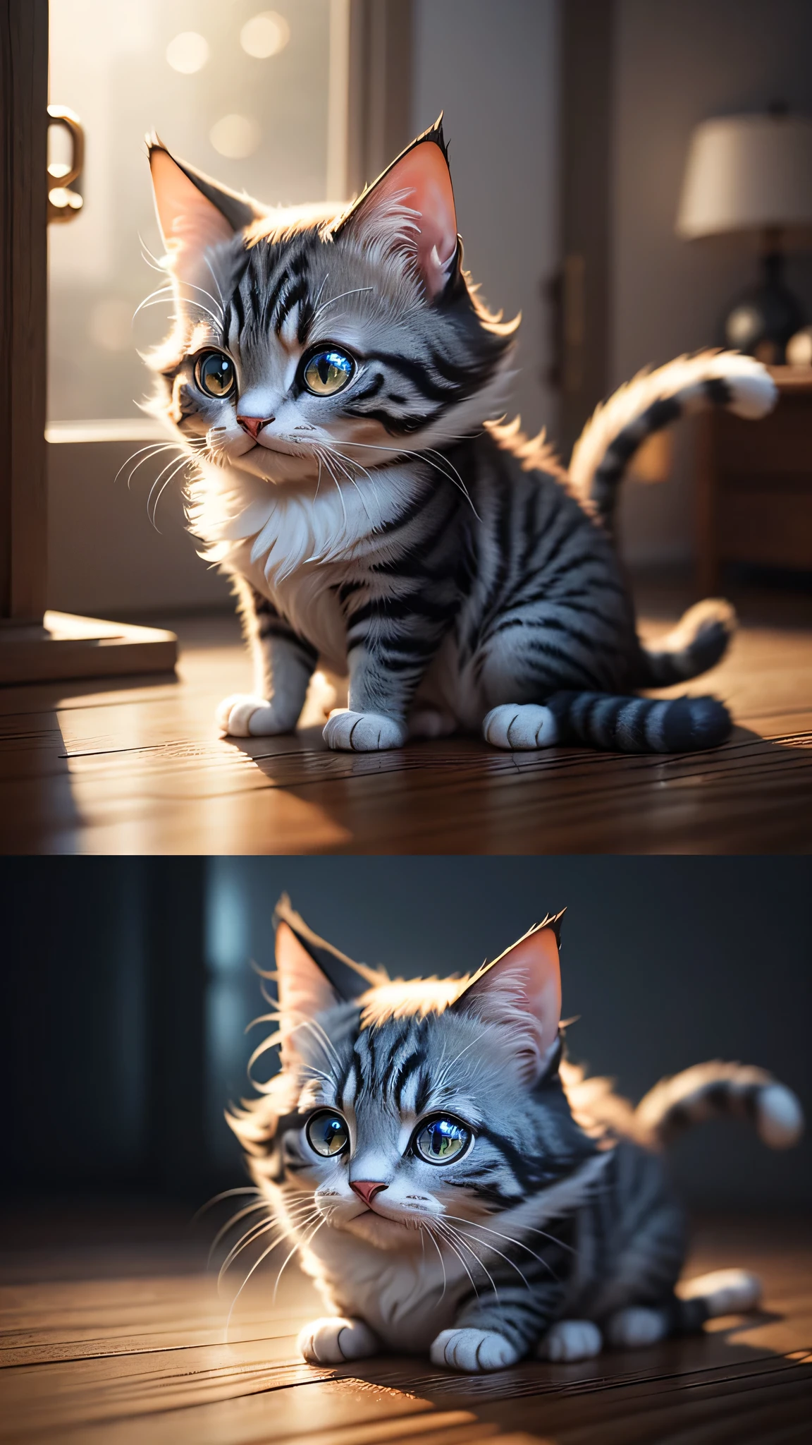 cute little surreal cat、Munchkin、droopy ears、Little、adorable fluffy、cinematic lighting effects、Charming、very cute、fantasy art、Bokeh、digital painting、soft lighting、4K resolution、 photorealistic rendering、very detailed、a realistic masterpiece、professional photography、