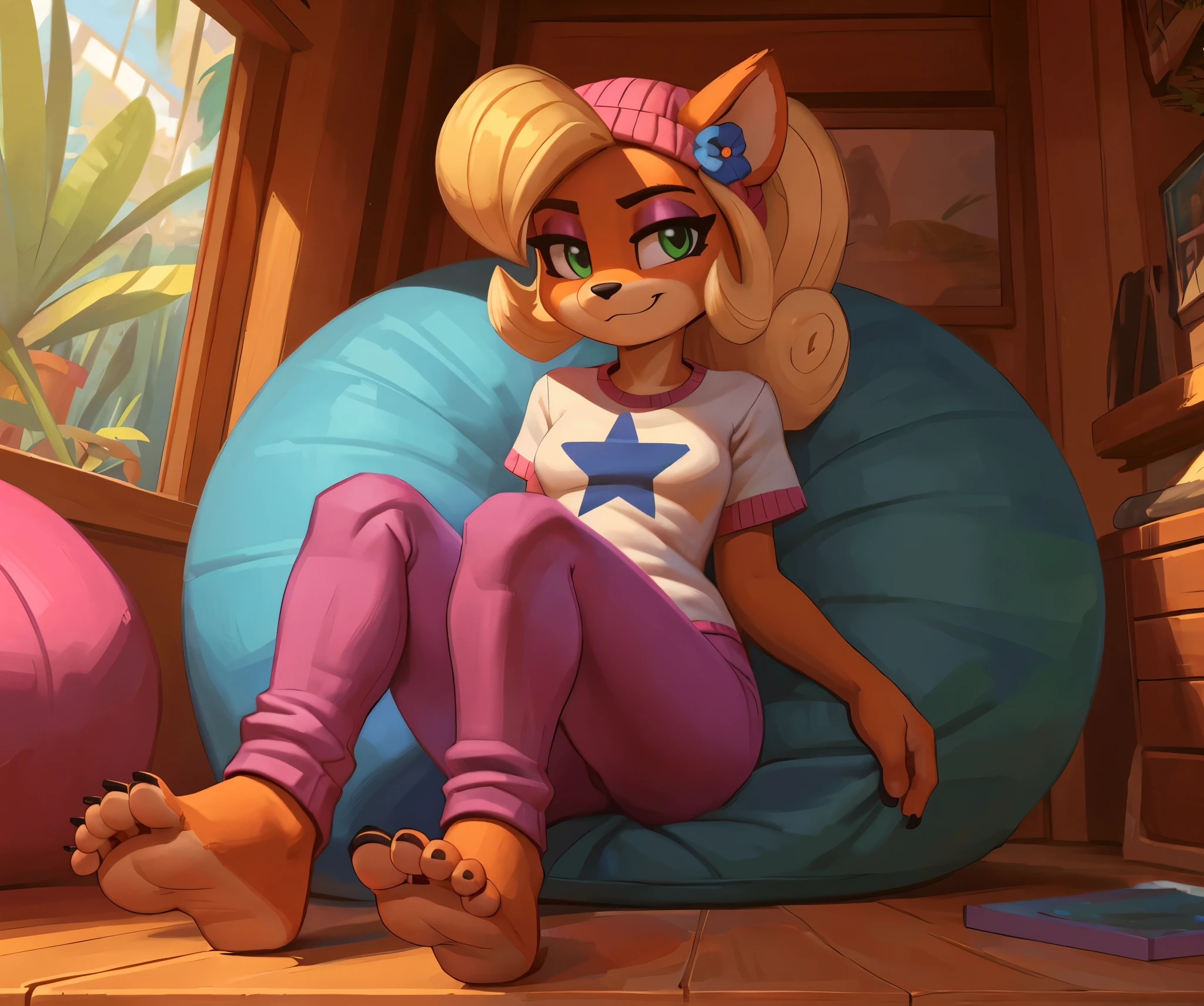 [Coco bandicoot], [Uploaded to e621.net; (Pixelsketcher), (wamudraws)], ((masterpiece)), ((HD)), ((solo portrait)), ((full body)), ((front view)), ((feet visible)), ((furry; anthro)), ((detailed fur)), ((detailed shading)), ((beautiful render art)), ((intricate details)), {anthro; orange fur, black nose, (cute green eyes), (short eyelashes), (pink eyeshadow), (long blonde curly hair), (sharp black nails), (curvy hips), (beautiful legs), (beautiful feet), (humanoid feet), (blushing), (cute smirk), (calm expression)}, {(white tee shirt), (yellow star printed on shirt), (tight pink yoga pants), (pink beanie)}, {(sitting on beanbag), (looking at viewer)}, [background; (tropical forest), (tree house), (window), (blue sky), (sun rays)]

