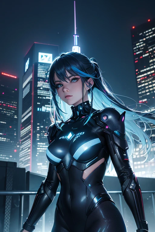 "(best quality,4k,8k,highres,masterpiece:1.2),ultra-detailed,(realistic,photorealistic,photo-realistic:1.37),portrait,sexy girl,cyberpunk,blue hair,glowing neon lights,high-tech cityscape,futuristic fashion,chromatic aberration,vivid colors,cybernetic enhancements,fierce and confident expression,skyscrapers reflecting in her cybernetic eye,shimmering holographic tattoos,cyberpunk aesthetic,city at night,energetic and dynamic pose,glass and metal surfaces,sharp focus,gritty atmosphere,flawless skin,reflective surfaces,edgy fashion,neon signs lighting up the darkness,urban nightlife,street smog,advanced technology,city hustle and bustle,hair flowing in the wind,impressive attention to detail,blue toned color palette,stunning visual effects,hacker culture,urban decay,shiny cybernetic arm,cybernetic eye with augmented reality display,innovative futuristic design,urban exploration,blurred motion effect,glowing LED lights,creative and unique composition"