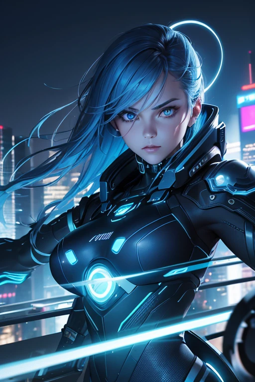 "(best quality,4k,8k,highres,masterpiece:1.2),ultra-detailed,(realistic,photorealistic,photo-realistic:1.37),portrait,sexy girl,cyberpunk,blue hair,glowing neon lights,high-tech cityscape,futuristic fashion,chromatic aberration,vivid colors,cybernetic enhancements,fierce and confident expression,skyscrapers reflecting in her cybernetic eye,shimmering holographic tattoos,cyberpunk aesthetic,city at night,energetic and dynamic pose,glass and metal surfaces,sharp focus,gritty atmosphere,flawless skin,reflective surfaces,edgy fashion,neon signs lighting up the darkness,urban nightlife,street smog,advanced technology,city hustle and bustle,hair flowing in the wind,impressive attention to detail,blue toned color palette,stunning visual effects,hacker culture,urban decay,shiny cybernetic arm,cybernetic eye with augmented reality display,innovative futuristic design,urban exploration,blurred motion effect,glowing LED lights,creative and unique composition"